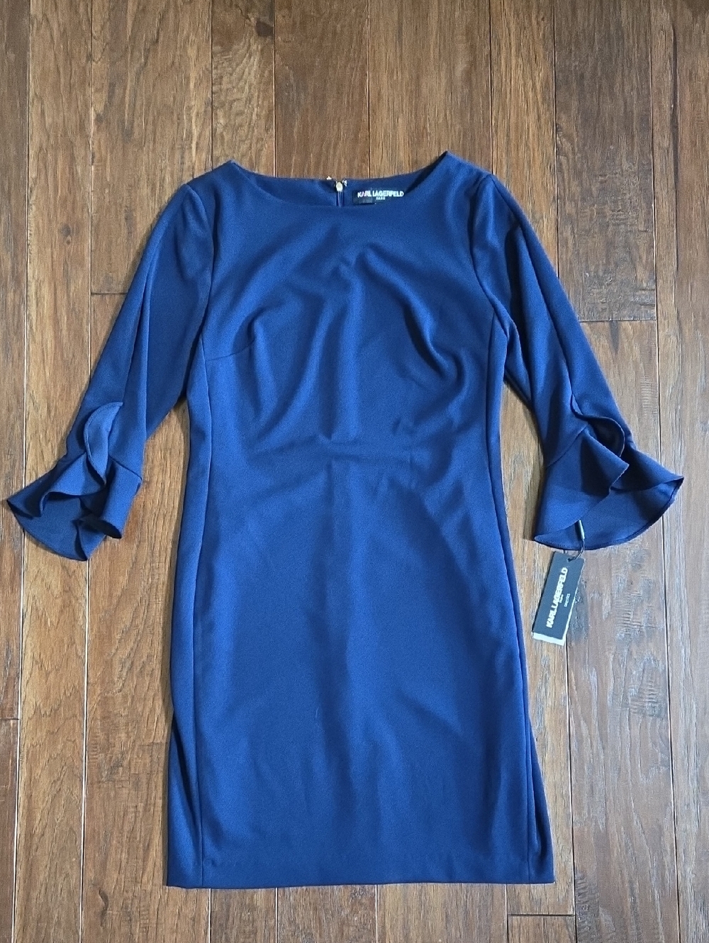 Karl Lagerfeld Navy 3/4 Sleeve Sheath Midi Dress with Ruffle Cuffs